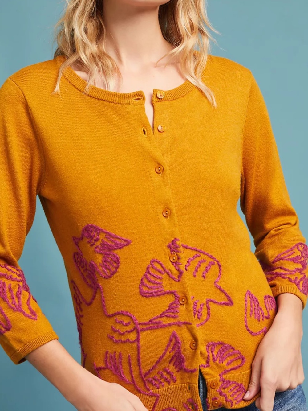 Anthropologie Field Flower Rare Dove Embroidered Mustard and Purple Cardigan